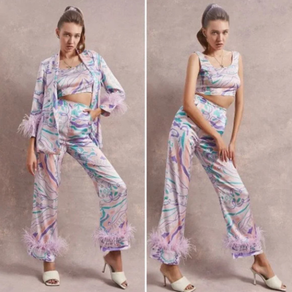 NWOT SAMPLE Revolve X Oceanus Multicolor Silk Pants w/ Ostrich Feather - Picture 2 of 5